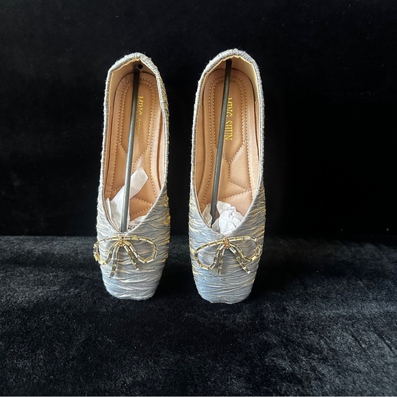 Silver & Gold Bow Square Toe Flats - Picture 5 of 8